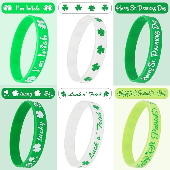 JUNEBRUSHS 42pcs St. Patrick's Day Silicone Bracelets, Green Shamrock Rubber Wristbands for Kids Adults St.Patrick's Day Party Ireland, Spring Party Favors Holiday Decorations Gift (6 Designs)