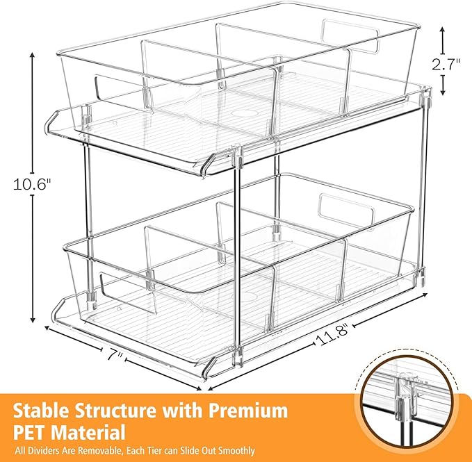 3-Pack Pull-Out Home Organizers, 2 Tier Clear Bathroom Organizer with Dividers, Multipurpose Vanity Counter Tray, Kitchen, Closet Organizers and Storage Container Bins for Cabinet, Pantry