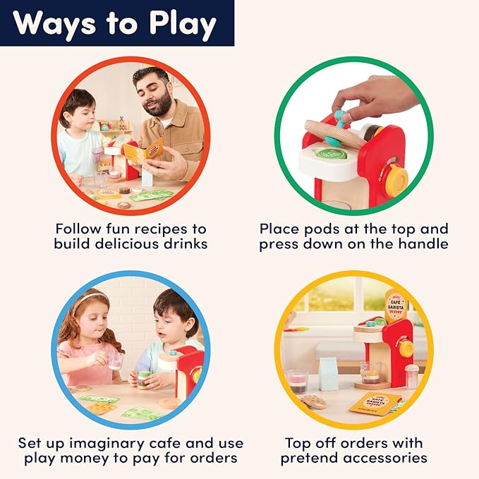 Battat Education – Wooden Barista Playset – Toy Coffee Maker & Accessories with Realistic Sounds(22 Pieces) – Pretend Play Toy – Play Kitchen Toys – 2 Years + – Mini Barista