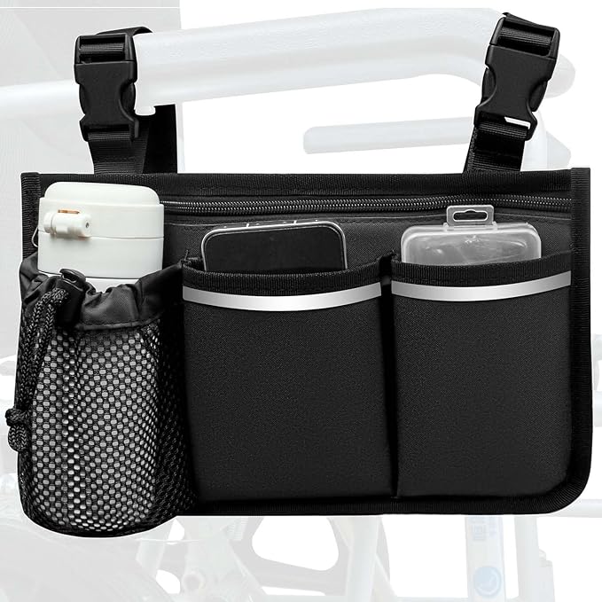 Wheelchair Bag, Walker Bag, Armrest Organizer Pouch with Cup Holder, Reflective Strip, Accessories for Most Wheelchairs, Walkers, Rollators (Black)