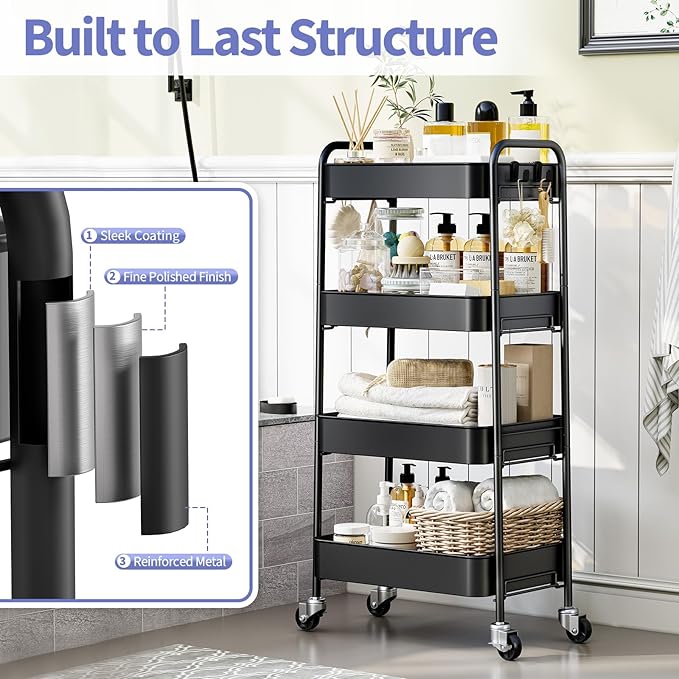 TOOLF 4-Tier Metal Rolling Cart with Wheels, Storage Utility Organizer Cart for Kitchen, Bathroom, Office, Baby Essentials & Makeup - Lockable Casters, Easy Assembly, Large Capacity, Black