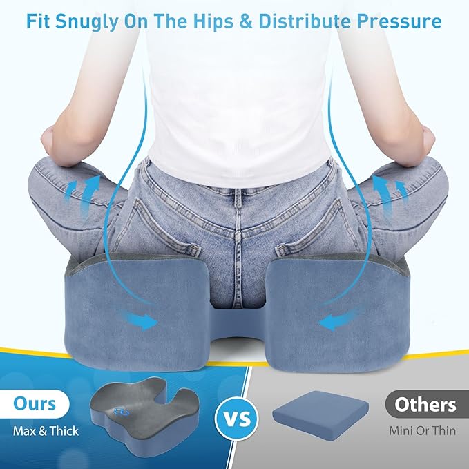 BlissTrends Seat Cushion,5.2in Thick Memory Foam Cushions for Office Chair, Car Seat, Airplane, Relieving Pressure Tailbone Sciatica Back Pain for Long Sitting Office Workers, Car Drivers Gery&Blue