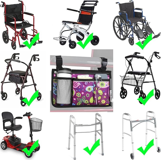 Wheelchair Side Bag, Upgrade Flower Color Wheelchair Armrest Storage Pouch with Cup Holder and Reflective Strip for Most Wheelchairs, Walkers and Rollators (Purple Butterfly)