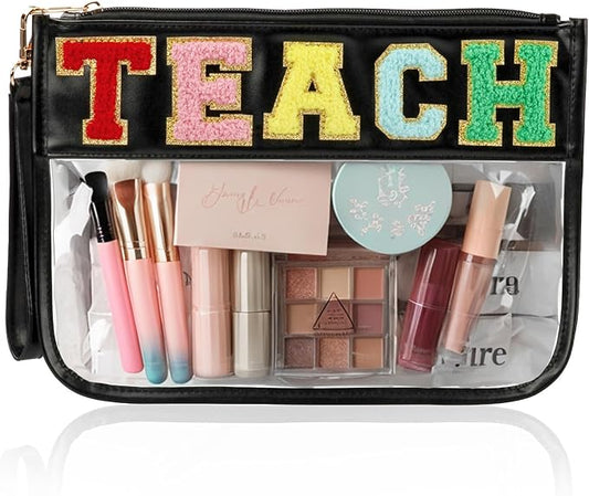 BuyCard Teacher Appreciation Gifts Clear Makeup Bag, Embroidered Chenille Letter Patches Cosmetic Bag, Zipper Pouch PVC Organizer, Portable Waterproof Toiletry Storage Bag for Women, Girls