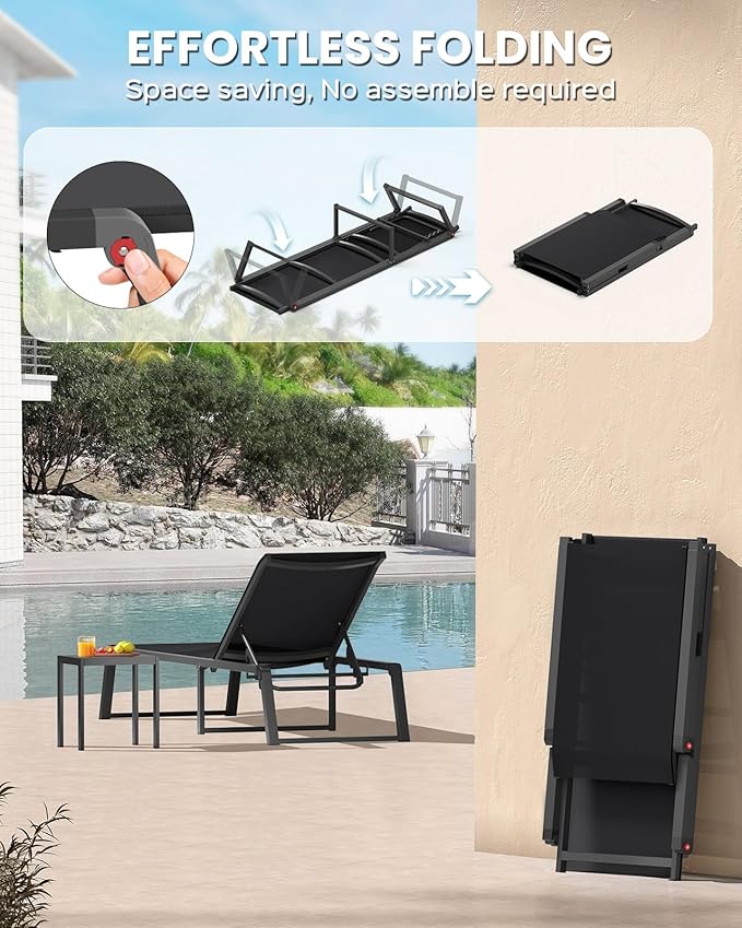 Aluminum Chaise Lounge Outdoor Set of 2, Foldable & Assembly Free Patio Pool Lounge Chairs 5-Position Recliner for Outside Poolside, Fully Grounded Legs Sun Lounger for Beach, Yard, Black