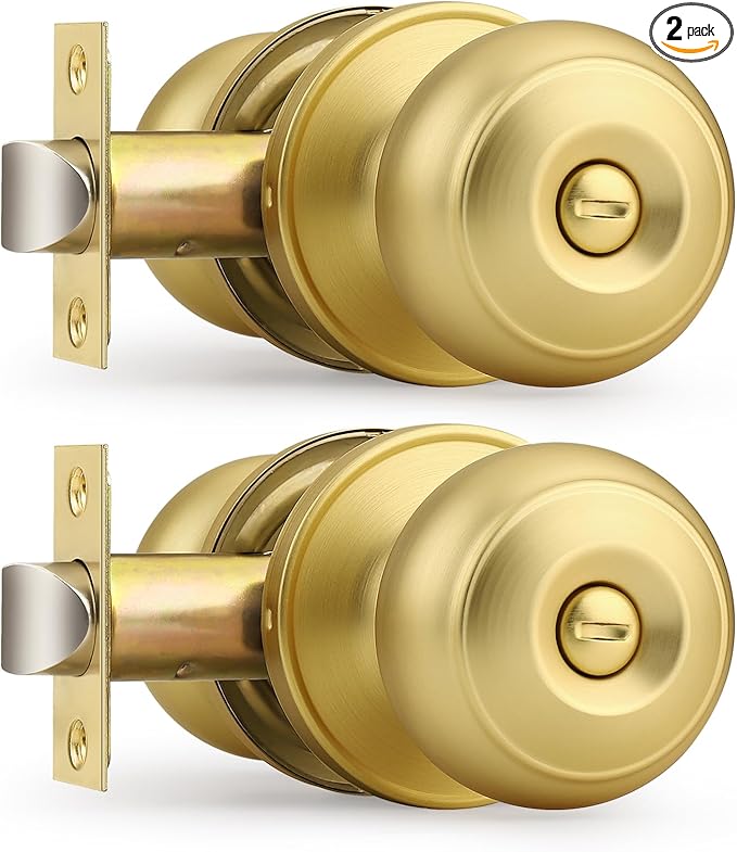 Probrico Brushed Brass Bed/Bath Knobs Keyless Privacy Interior Doors Locksets, Gold Door Knobs 2 Pack