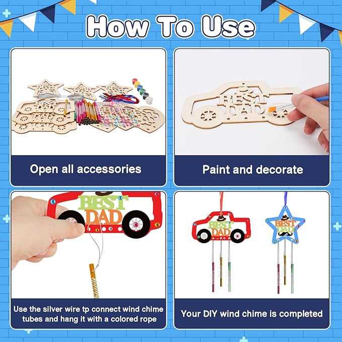Fennoral 9 Pack DaD Wind Chime Kit for Kids Make You Own Fathers Day Craft DIY Coloring Wooden Father's Day Art and Craft for Art Activity Dad Birthday Decoration Dad Gifts from Daughter Son