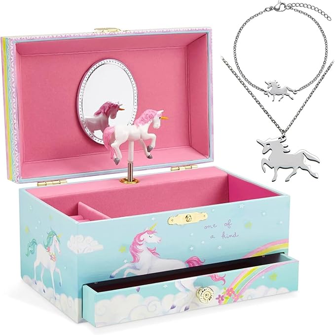Jewelkeeper Jewelry Box for Girls - Unicorn Music Box with Necklace and Bracelet Gift Set - Enchanting Unicorn Decor, Keepsake Storage, Durable Design for Accessories - Ideal Gift