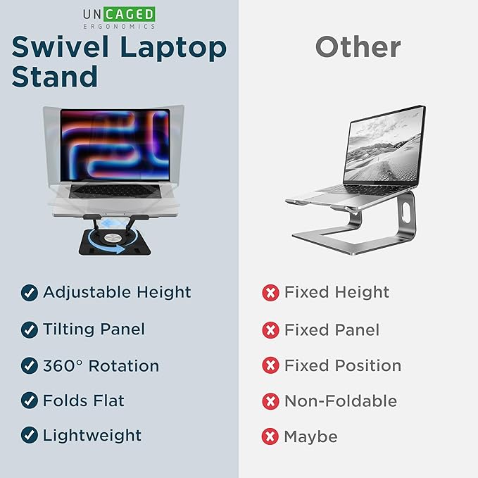 Uncaged Ergonomics Swivel Laptop Stand for Desk, Adjustable Computer iPad Stand for Desk w/ 360 Rotation, Portable Laptop Holder for Home Office Ergonomic Supplies (Black)