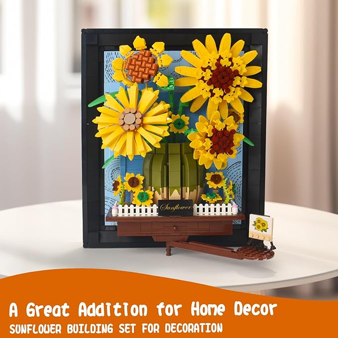 Topdear 3D Sunflower Building Block Sets with Frame, Sunflower Flower Bouquet Building Set for Kids Age 6+, Adult, Creative Framed 3D Sunflowers Building Kit Gift for Mother's Day, Birthday, Christmas