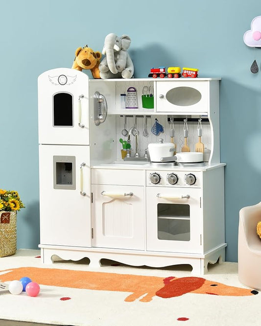 Fireflowery Kids Kitchen Playset, Toddler Kitchen w/Simulated Sound, Accessory Utensils, Blackboard, Sink, Stovetop, Cabinets, Pretend Play Kitchen, Gift for Ages 3+ (Classic)