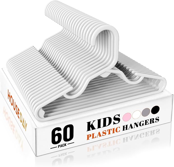 HOUSE DAY Premium Baby Hangers 60 Pack, 11 Inch Kids Plastic Hangers White, Slim Childrens Hangers for Infant, Toddler, and Child Clothes, Durable Baby Clothes Hangers for Closet