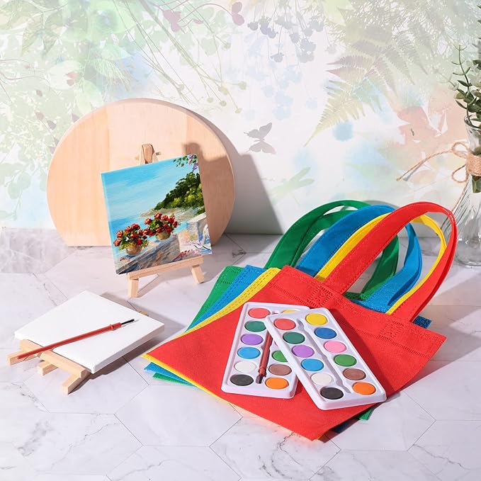 24 Sets 72 Pcs Mini Canvas Easel and Watercolor Paint Set 4 x 4 Inch Canvases for Painting Kids Art Non Woven Bags Washable Watercolors Kids Paint Set for Birthday Painting Art Party Favors Supplies