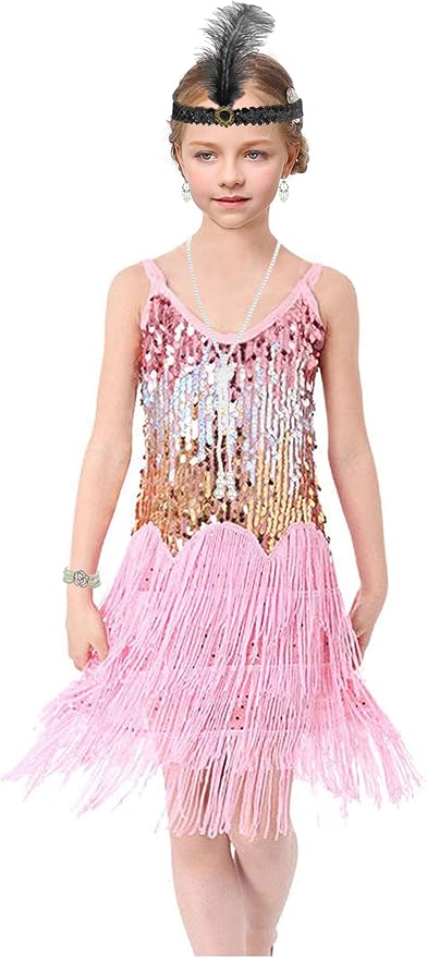 1920's Sequins Flapper Dress Children's Day Gift Party Halloween Costumes for Girls Accessories Set