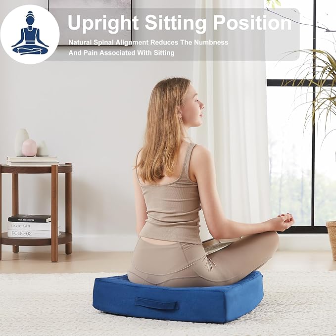 22 inches Floor Pillow for Adults - Large Meditation Cushion with Thick Foam & Soft Tufted Cover - Premium Outdoor Square Floor Cushion Seat - Yoga Pillows for Sitting On Floor - Navy Blue