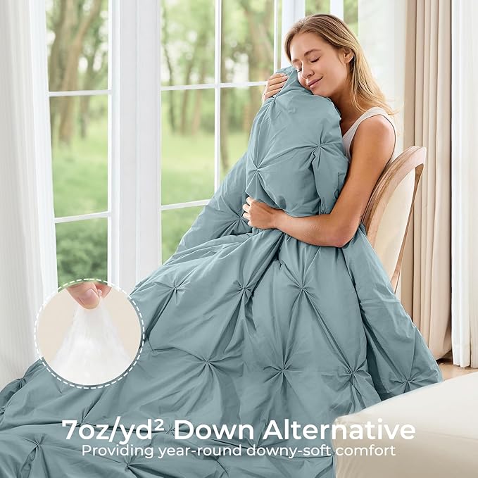 Sasttie Full Size Comforter Set, 7-Piece Bed in a Bag, Pintuck Bedding Sets for All Season, Includes Comforter, Flat Sheet, Fitted Sheet, Pillowcases and Pillowshams, Greylish Blue