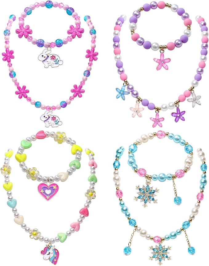 4 Sets Girls Jewelry Princess Unicorn Flower Frozen Necklaces Bracelets for Toddler Girl Princess Costume Dress Up Play Party Favors Toy Gifts for Little Girls Years Old 3 4 5 6 7 8