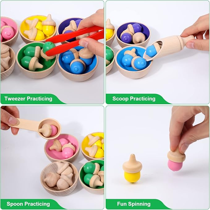 WODI Wooden Color Sorting Toys for Toddlers 3+ Rainbow Counting Acorns with Matching Sorting Cups Montessori Toys for 3+ Year Old Preschool Learning Activities for Sensory Training