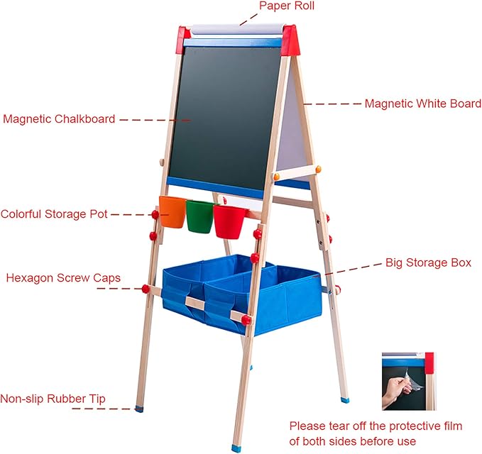 Kid's Art Easel with Adjustable Double-sided Magnetic Board, Paper Roll, Storage and Accessories, Standing Art Easel for Kids (31-55.5 inches)