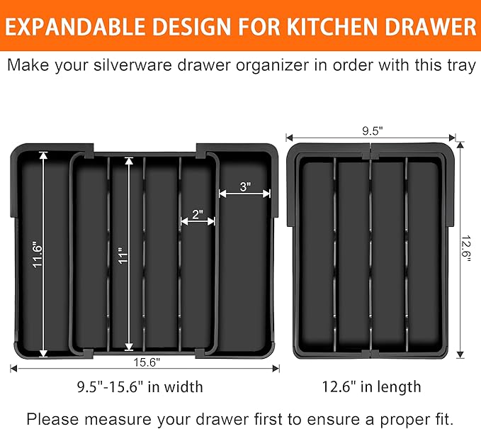 Spaclear Kitchen Silverware Organizer for Drawer - Expandable Silverware Drawer Organizer Adjustable Utensil Drawer Holder, Flatware Cutlery Tray for Spoons Forks Kitchen Organizers Storage,Black,M
