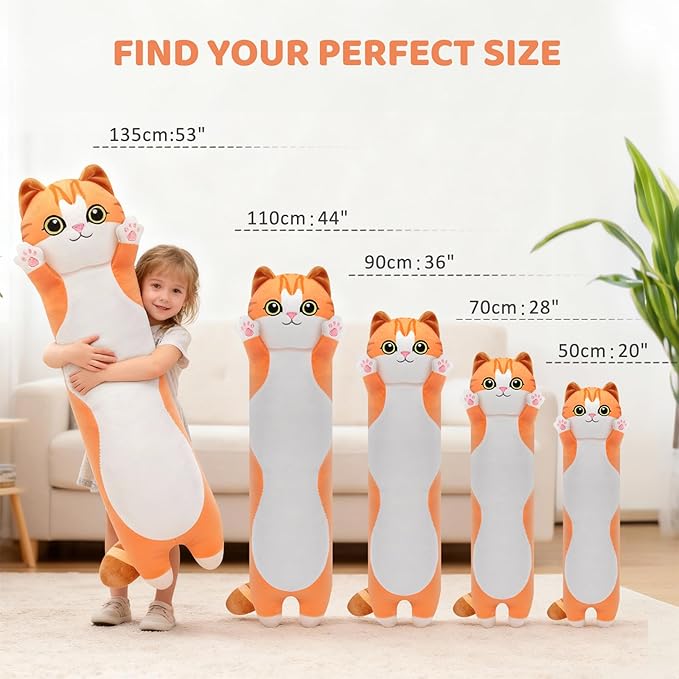 Mewaii Artist-Designed Ultra Soft Long Cat Plush Body Pillow, Extra Stuffing for Comfort, Premium Quality Stuffed Animal Gift for Girlfriend or Cat Lovers (Orange M-Marked Body Pillow 20 Inch)