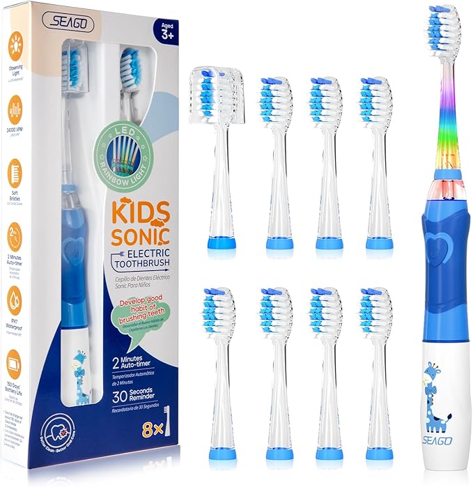 SEAGO Kids Electric Toothbrush with 2 Mins Brushing Timer and 8 Replacement Bursh Heads,Rainbow LED Light Make Brushing Fun, Blue Color Boys Battery Powerd Toothbrush for 4-12 Years Old