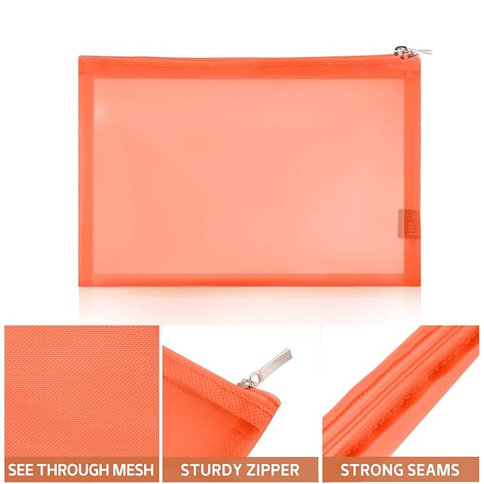 EASYFUN Mesh Pouch, Make up Bag with Zipper Cosmetic Organizer Pouch for Daily or Travel to Keep Small Items, 4 PCS Orange