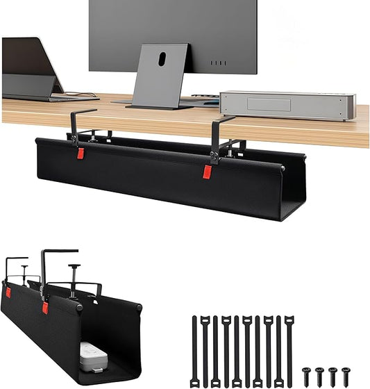 28" No Drill Under Desk Cable Management Tray - Upgraded Oxford Fabric with Cable Loop, No Damage to Table for Standing Desks and Home Office (Regular (28 Inch))