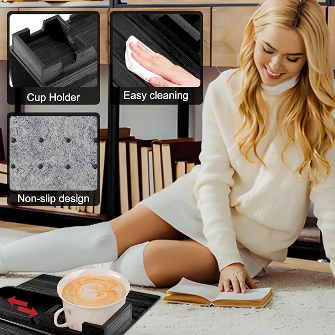 CNQLIS Bamboo Couch Cup Holder - Detachable Sofa Armrest Tray, Anti-Slip Foldable Sofa Table Tray for Drinks, Cellphone, Remote, Snacks, Versatile 2-in-1 Couch Arm Tray Set (Black)