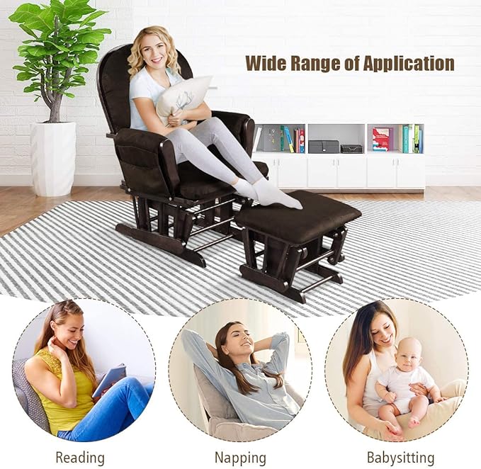 Costzon Nursery Glider with Ottoman, Upholstered Comfort Glider Rocker with Padded Cushion, Storage Pocket, Solid Wood Base, Rocking Chair Nursery for Breastfeeding, Maternity, Napping (Brown)