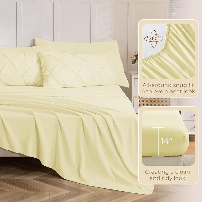 Sasttie Full Size Comforter Set, 7-Piece Bed in a Bag, Pintuck Bedding Set for All Season, Includes Comforter, Flat Sheet, Fitted Sheet, Pillowcases and Pillowshams, Cream Yellow