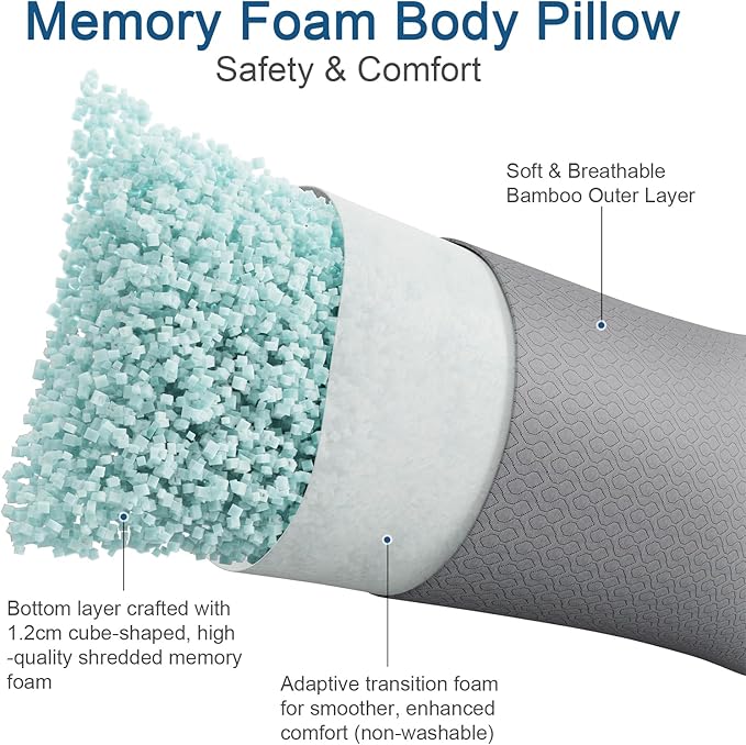 Thick Memory Foam Body Pillow - Full Body Pillows for Side Sleeper - with Grey Cooling Pillowcase 20 x 54 inches (Grey Color)