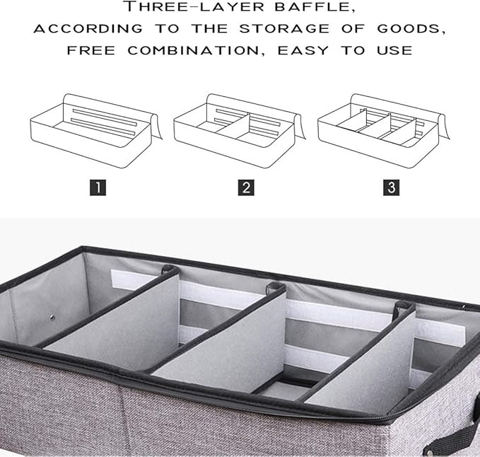 AARAINBOW Foldable Under Bed Clothes Organizer with Lid, Underbed Storage Container with Adjustable Dividers, Clear Window, Gray