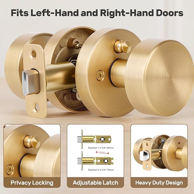 Satin Brass Door Knob Interior Privacy Door Knobs with Lock, Brushed Brass Door Knobs Modern Round Gold Door Handles for Bathroom and Bedroom