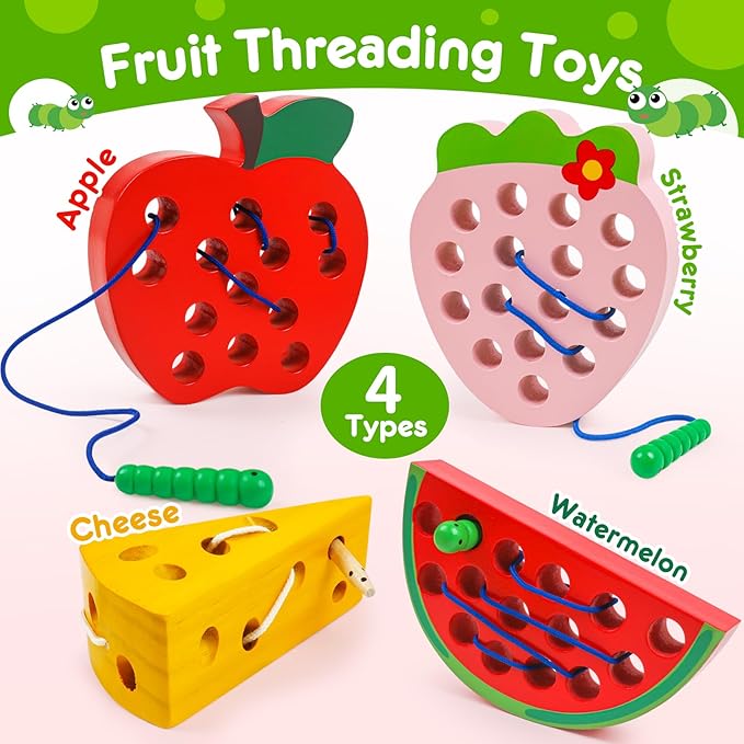Wooden Toys Lacing Toys for Toddlers 3-5,Plane Activities Car Travel Toys Montessori Educational Learning Threading Toys for Fine Motor Skills Birthday Easter Gift for Boys Girls(4 pcs)