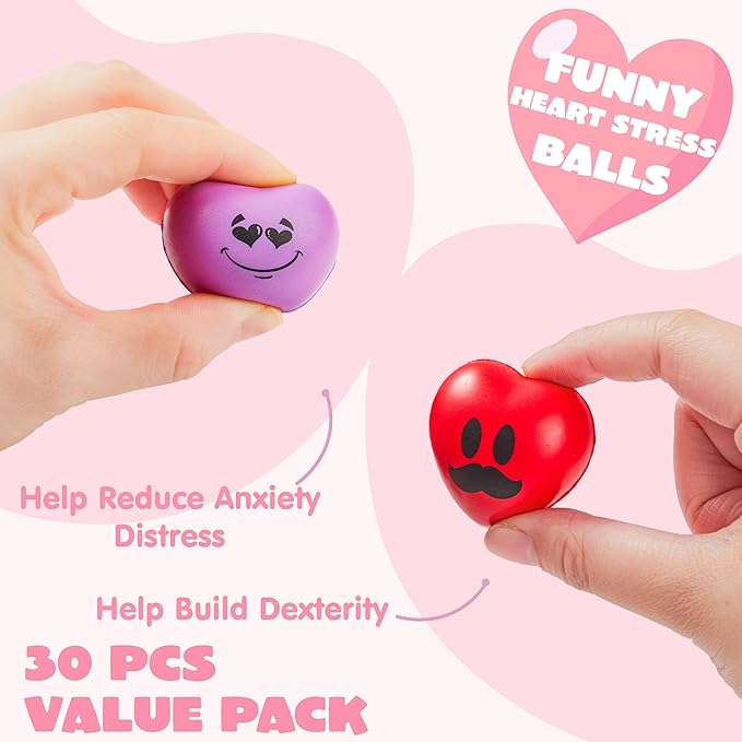 JOYIN 30 PCS Valentine's Day Heart Stress Balls 1.5"x1.5" for Kids, Squishy Toys Slow Rising for School Carnival Reward, Valentine Party Present Fillers, Valentines Day Gifts, Relieve Stress Toys
