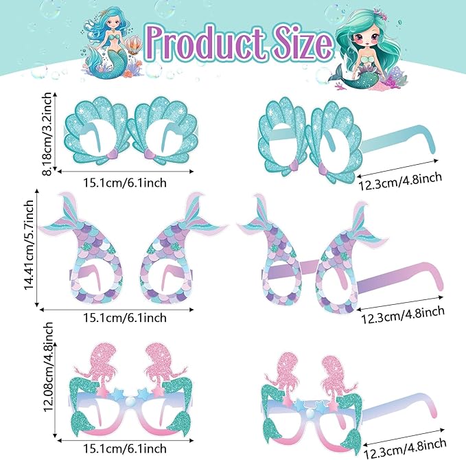 32 Pcs Mermaid Party Decorations Mermaid Paper Glasses Frame Under the Sea Photo Booth Props Mermaid Eyeglasses for Girls Summer Beach Theme Birthday Party Baby Shower Favors Supplies