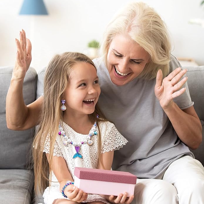 Jadive Mermaid Jewelry for Girls, Kids Mermaid Necklace Bracelet Ring Earrings Set Jewelry Gifts for Kids Toddler Pretend Play Christmas Dress up Party Decorations