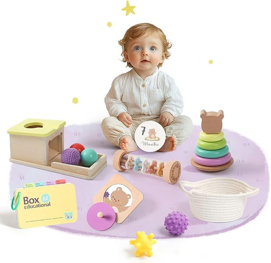 IEATFO Montessori Toys for Babies 6-9 Months, 7-in-1 Wooden Playful Learning Toys with Rainmaker, Multi Sensory Ball, Object Performance Box, Stacking & Nesting Rings, Mirro Knob Puzzle and More