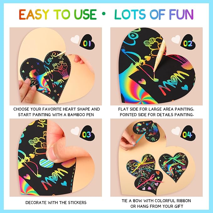 120 Pieces Valentines Day Craft Bulk for Kids Heart Scratch Paper Art with Rainbow Colors Valentine Scratch Cards,120 Heart Cards,120 Scratch Sticks,120 Ribbons, 20 Stickers