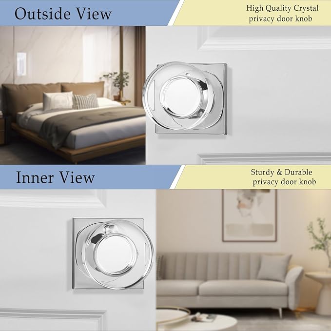 coolnews Crystal Glass Door Knobs Interior with Lock, Modern Round Privacy Door Knob for Bathroom Bedroom, Polished Chrome