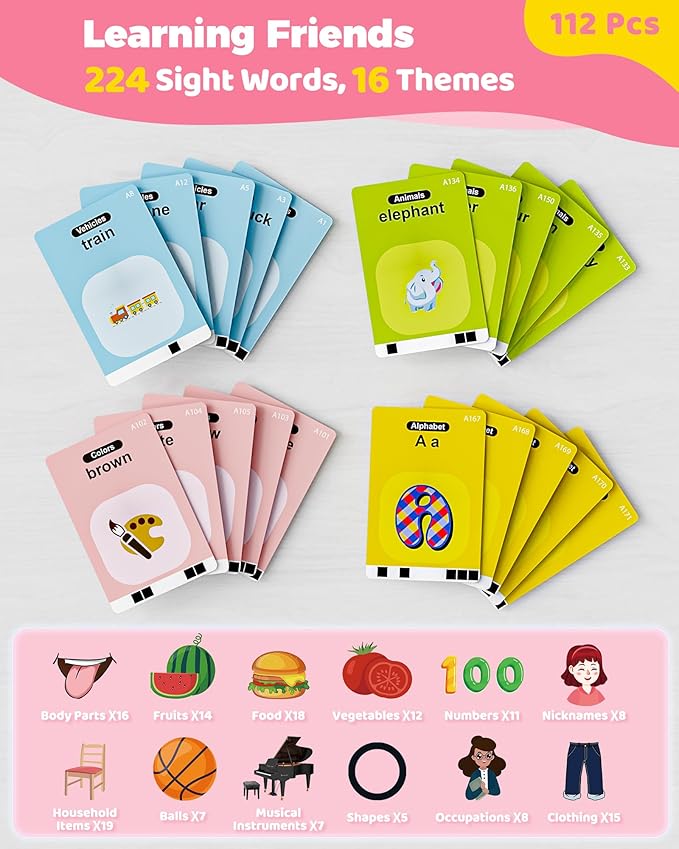KOKODI Toddler Toys Talking Flash Cards for Girls 2 3 4 5 Year Old Birthday Gifts, Learning Toys with 224 Sight Words for Kids, Autism Speech Therapy Toys for Autistic Children, Montessori Toys, Pink