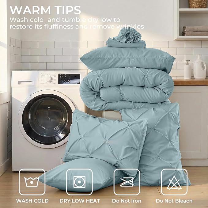 Sasttie Full Size Comforter Set, 7-Piece Bed in a Bag, Pintuck Bedding Sets for All Season, Includes Comforter, Flat Sheet, Fitted Sheet, Pillowcases and Pillowshams, Greylish Blue