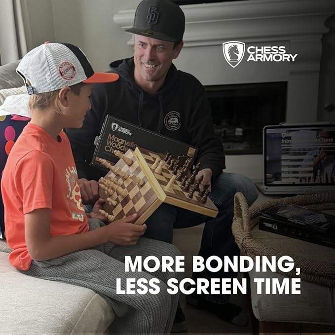 15 Inch Magnetic Wooden Chess Set for Adults & Kids - Folding Travel Chess Board with Handcrafted Staunton Pieces, Extra Queens, and Storage Slots