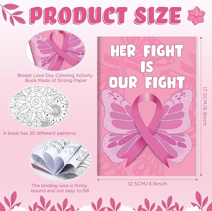 72 Pcs Breast Awareness Coloring Book for Adults Coloring Books Bulk, DIY Art Coloring Book for Women Stress Relief Drawing Book with Flower Pink Ribbon Pattern for Party Favors Gifts