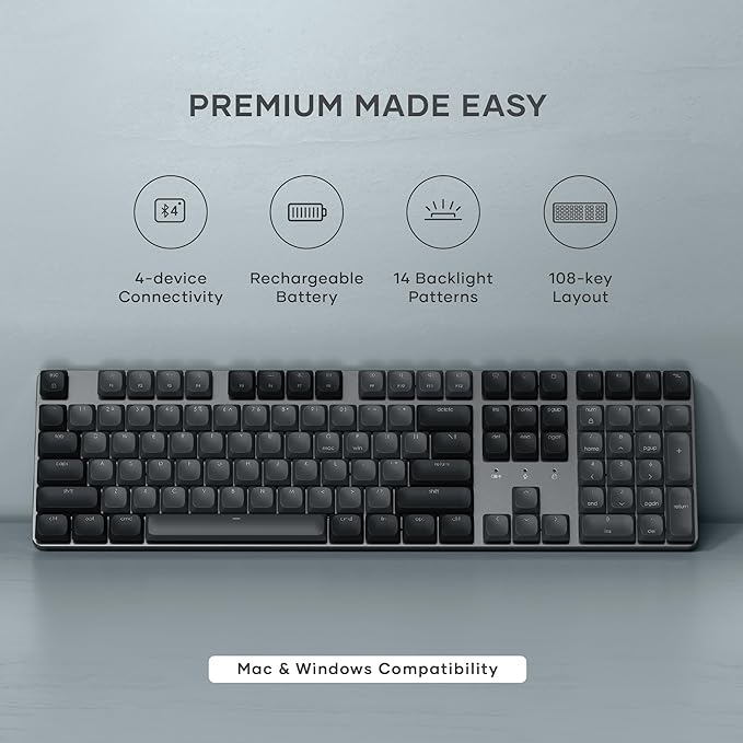 Satechi SM3 Mechanical Keyboard for Mac and Windows, 108 Keys Full Size with White LED Backlit, Wired and Bluetooth for Mac and Windows - Dark Gray/Gray