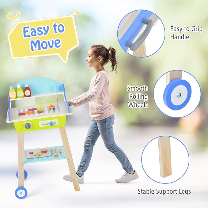 Costzon Kids Barbecue Grill Playset, Wooden Pretend Cooking Truck with 21 Play Food & Barbecue Accessories, Role Play BBQ Toy Set, Interactive Little Chef Cooking Play Stand for Girls & Boys Age 3+