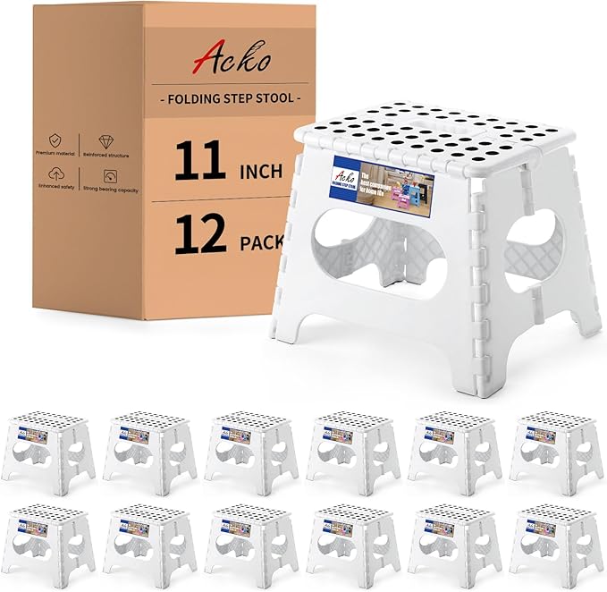Acko 12pack Folding Step Stool Lightweight Plastic Step Stool - 11 inch Foldable Step Stool for Adults,Non Slip Folding Stools for Kitchen Bathroom Bedroom White