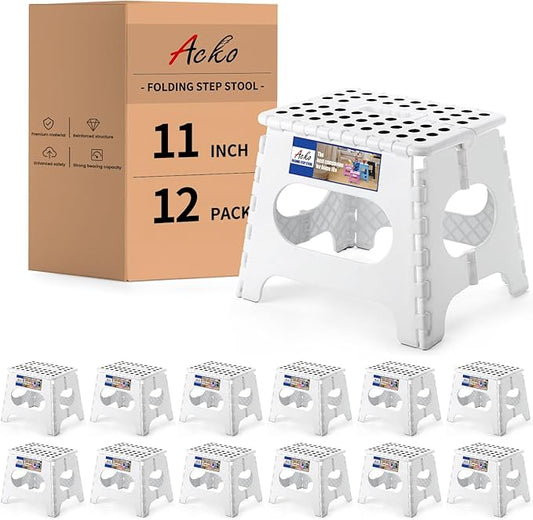 Acko 12pack Folding Step Stool Lightweight Plastic Step Stool - 11 inch Foldable Step Stool for Adults,Non Slip Folding Stools for Kitchen Bathroom Bedroom White