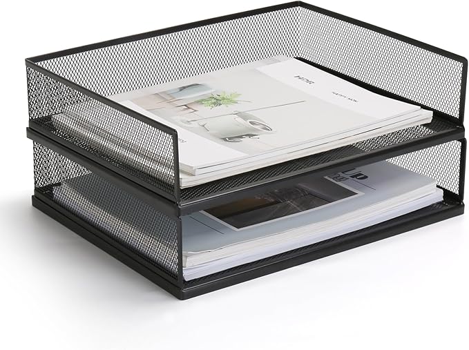 Wire Mesh Letter Trays Paper Tray Desk File Organizer, 2 Pack Stackable Metal Front-Load Documents Tray for Office Supplies File (Transverse)